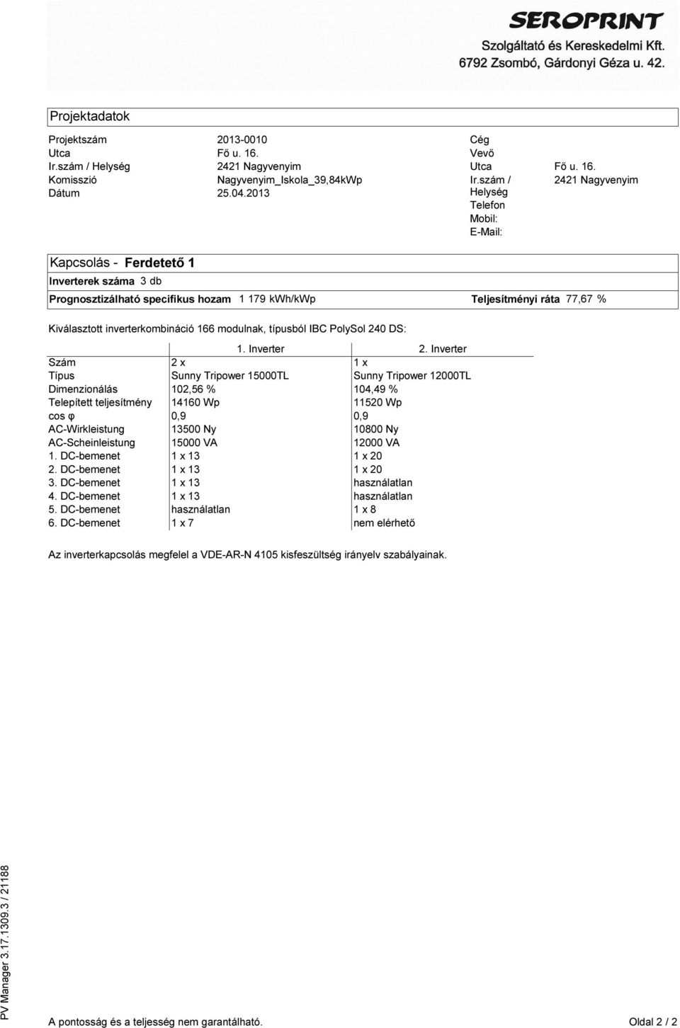 Telepített teljesítmény cos φ Wirkleistung Scheinleistung 1 bemenet 2 bemenet 3 bemenet 4 bemenet 5 bemenet 6 bemenet 1 Inverter 2 Inverter 2 x 1 x Sunny Tripower 15000TL Sunny Tripower 12000TL