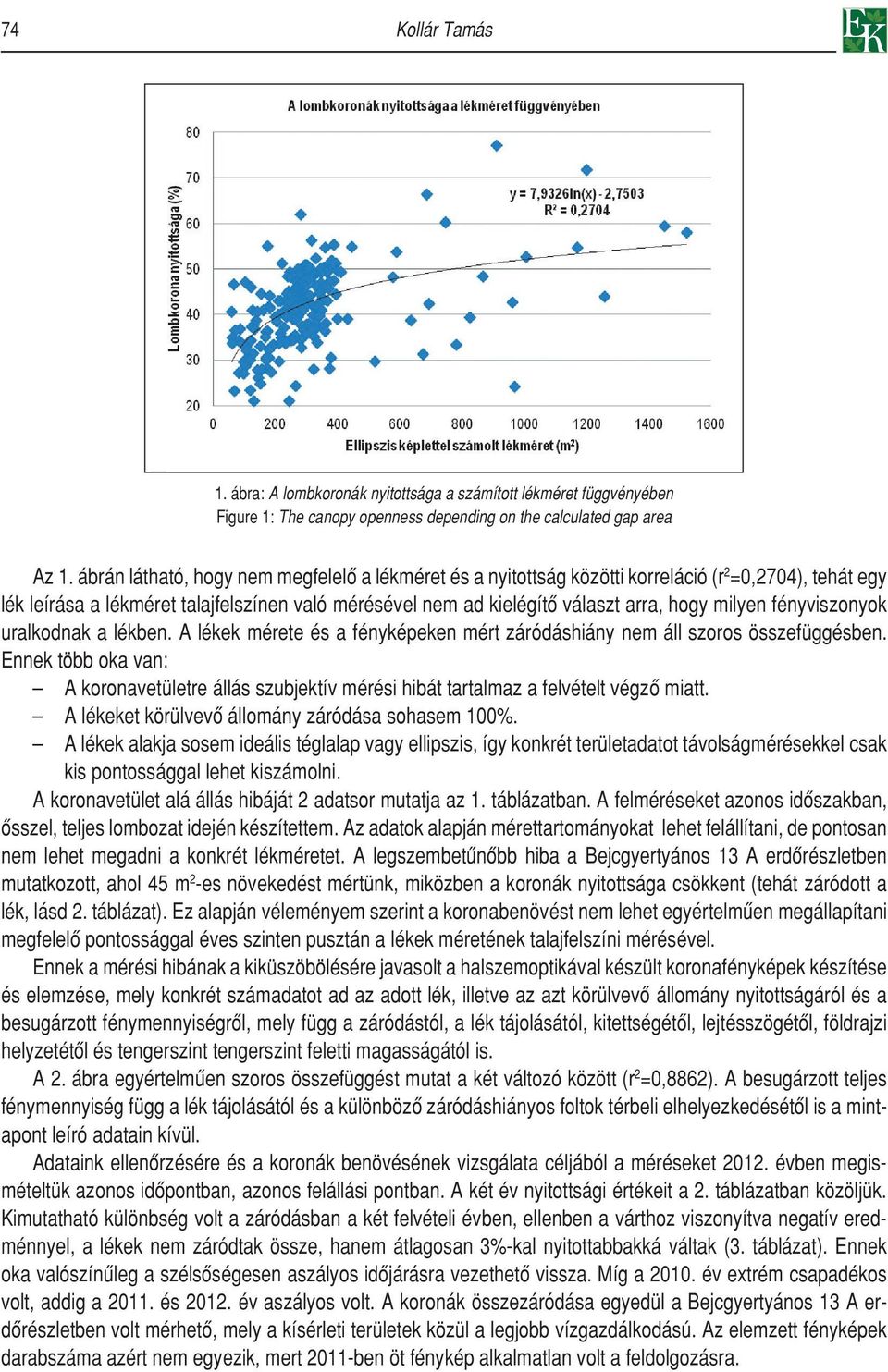 fényviszonyok uralkodnak a lékben. A lékek mérete és a fényképeken mért záródáshiány nem áll szoros összefüggésben.