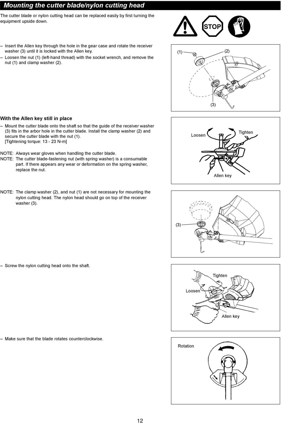 Loosen the nut (1) (left-hand thread) with the socket wrench, and remove the nut (1) and clamp washer (2).