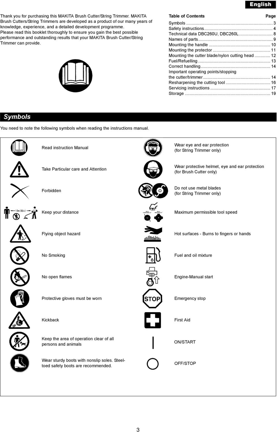 Please read this booklet thoroughly to ensure you gain the best possible performance and outstanding results that your MAKITA Brush Cutter/String Trimmer can provide. Table of Contents Page Symbols.