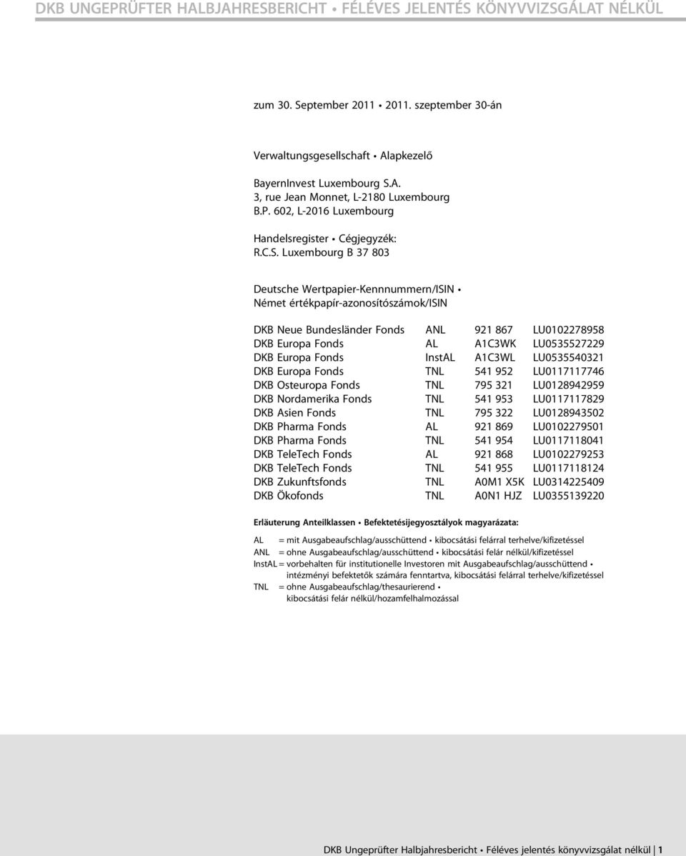 Luxembourg B 37 803 Deutsche Wertpapier-Kennnummern/ISIN Német értékpapír-azonosítószámok/isin DKB Neue Bundesländer Fonds ANL 921 867 LU0102278958 DKB Europa Fonds AL A1C3WK LU0535527229 DKB Europa