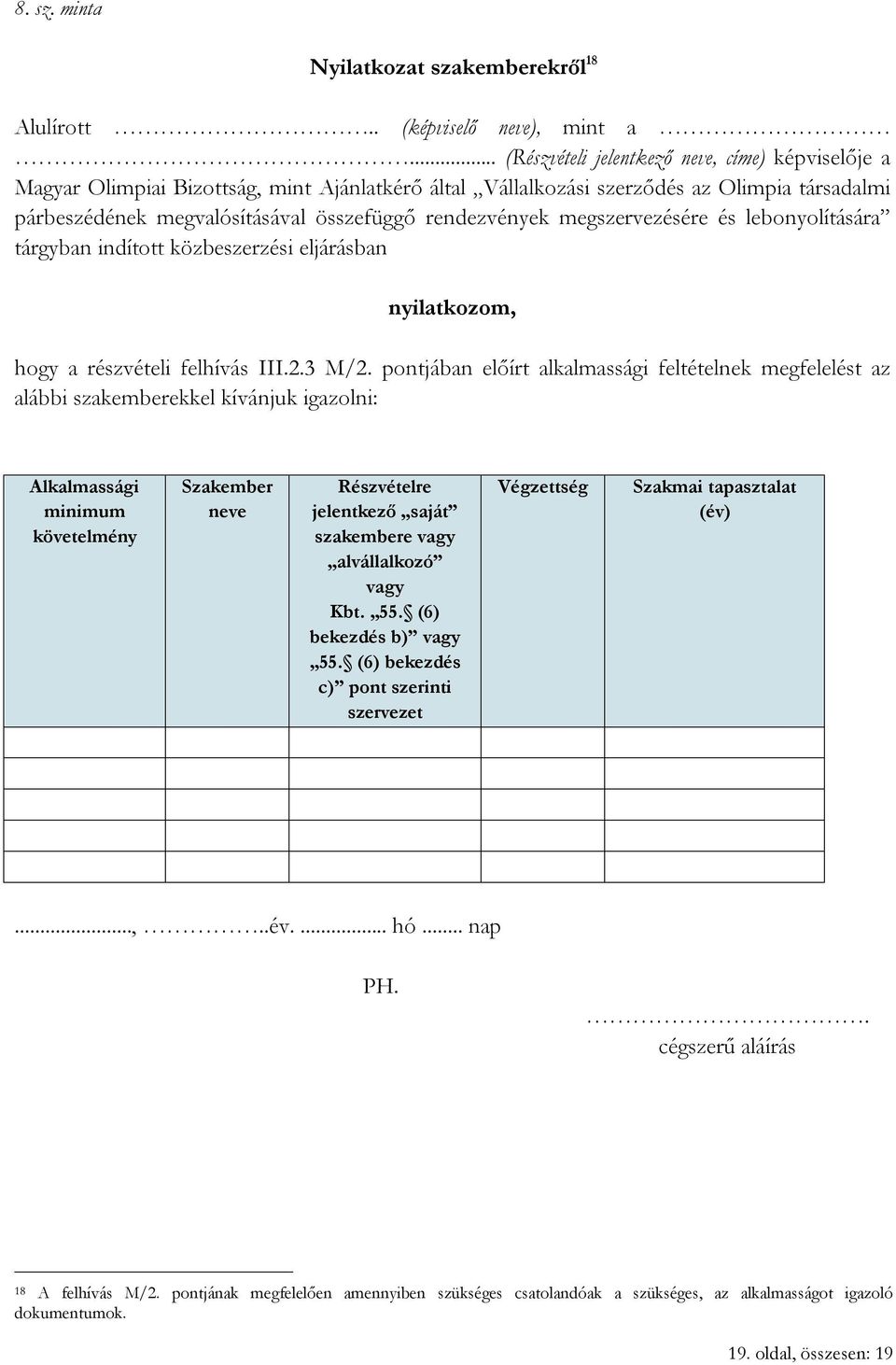 rendezvények megszervezésére és lebonyolítására tárgyban indított közbeszerzési eljárásban nyilatkozom, hogy a részvételi felhívás III.2.3 M/2.