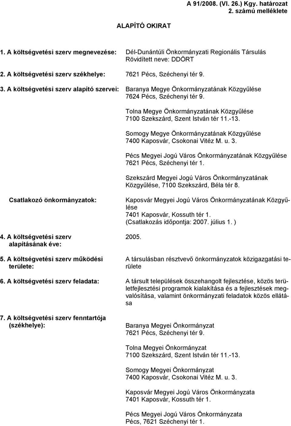 Tolna Megye Önkormányzatának Közgyűlése 7100 Szekszárd, Szent István tér 11.-13. Somogy Megye Önkormányzatának Közgyűlése 7400 Kaposvár, Csokonai Vitéz M. u. 3.