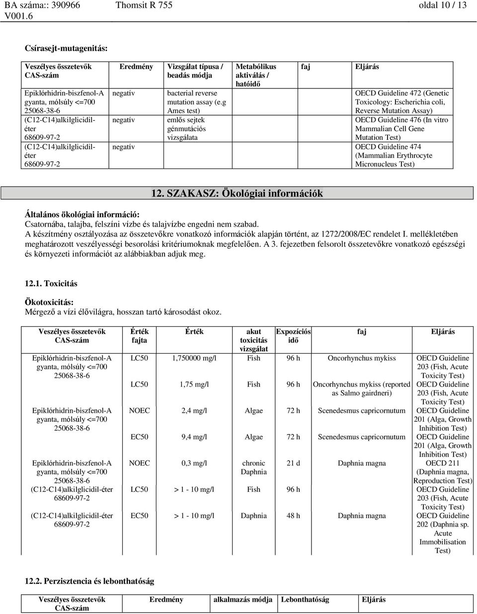 g Ames test) emlős sejtek génmutációs Metabólikus aktiválás / hatóidő faj Eljárás OECD Guideline 472 (Genetic Toxicology: Escherichia coli, Reverse Mutation Assay) OECD Guideline 476 (In vitro