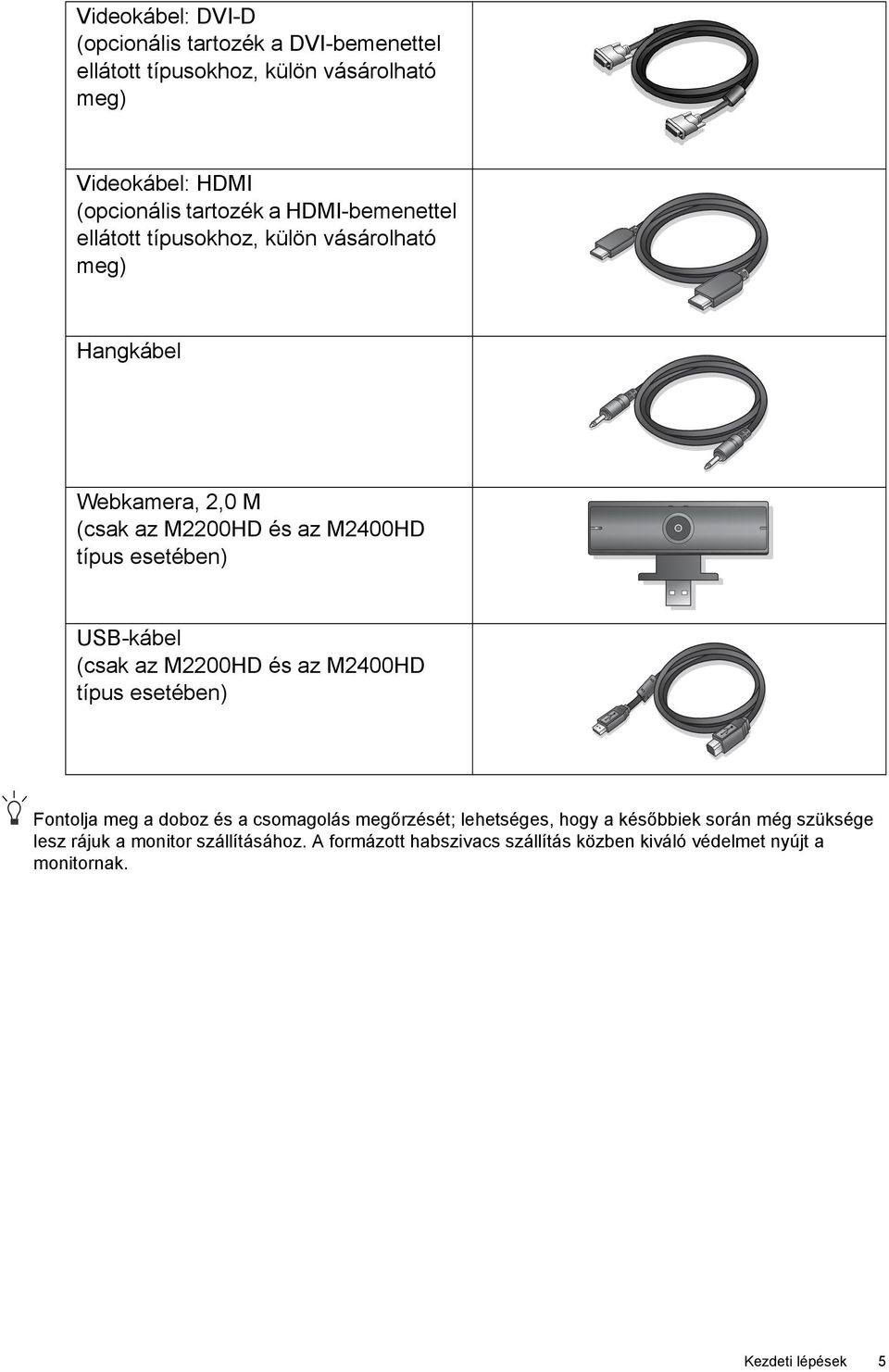 USB-kábel (csak az M2200HD és az M2400HD típus esetében) Fontolja meg a doboz és a csomagolás megőrzését; lehetséges, hogy a későbbiek