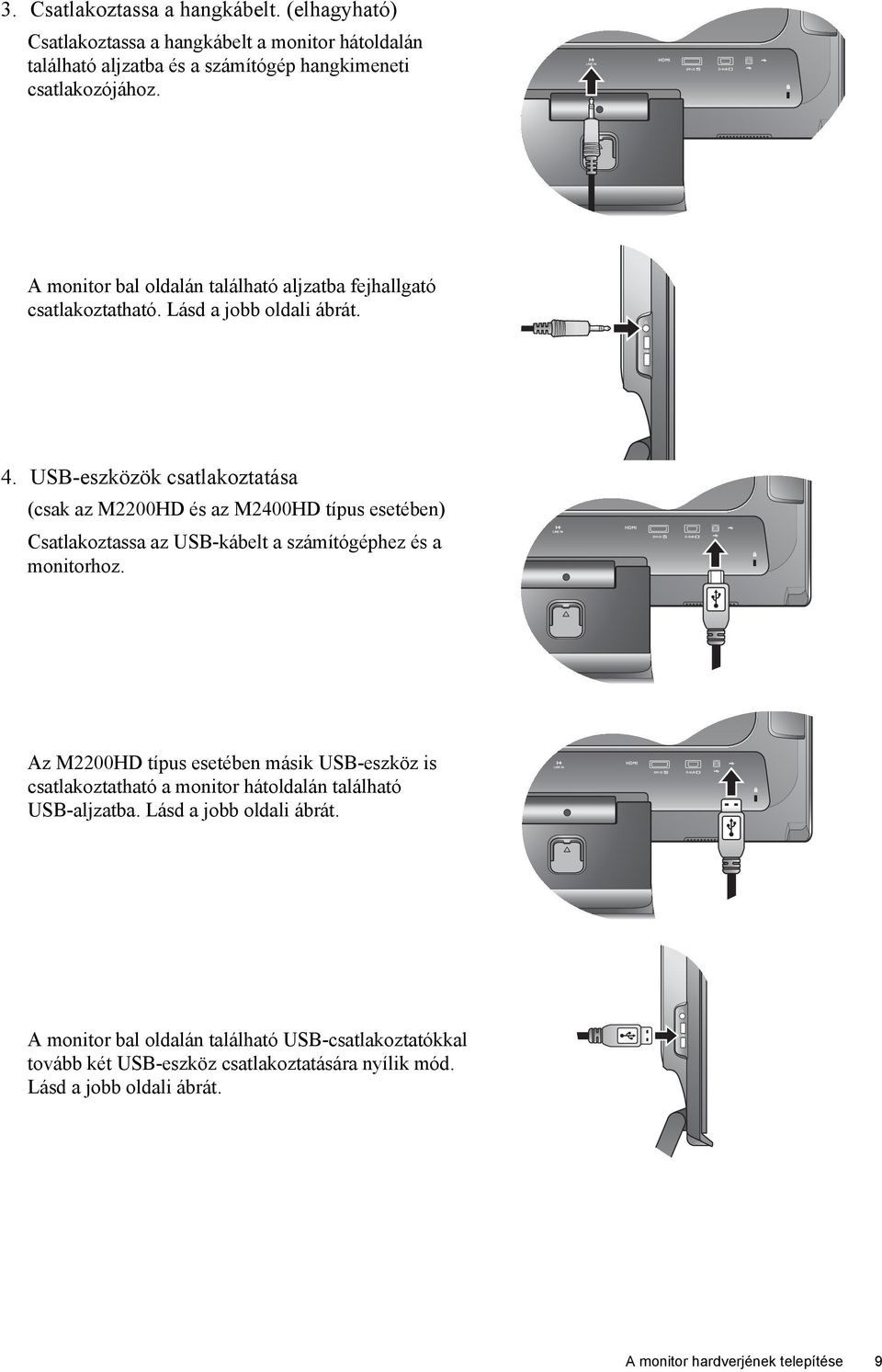 USB-eszközök csatlakoztatása (csak az M2200HD és az M2400HD típus esetében) Csatlakoztassa az USB-kábelt a számítógéphez és a monitorhoz.