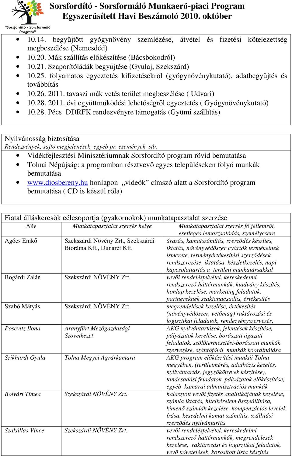 tavaszi mák vetés terület megbeszélése ( Udvari) 10.28. 2011. évi együttműködési lehetőségről egyeztetés ( Gyógynövénykutató) 10.28. Pécs DDRFK rendezvényre támogatás (Gyümi szállítás) Nyilvánosság biztosítása Rendezvények, sajtó megjelenések, egyéb pr.