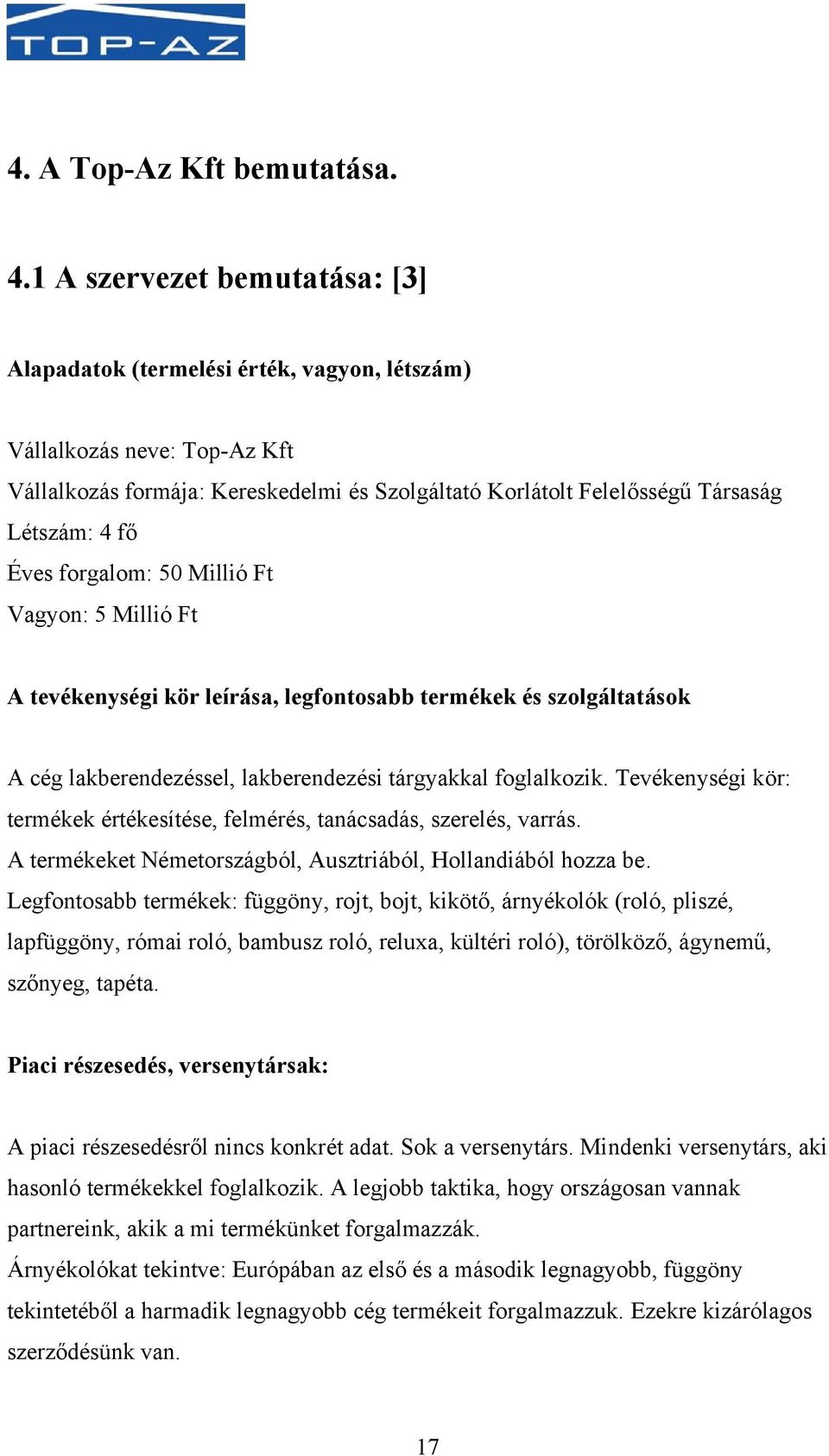 Éves forgalom: 50 Millió Ft Vagyon: 5 Millió Ft A tevékenységi kör leírása, legfontosabb termékek és szolgáltatások A cég lakberendezéssel, lakberendezési tárgyakkal foglalkozik.