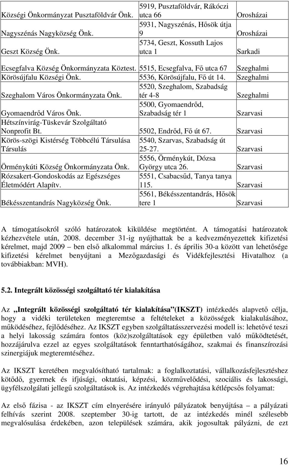 5515, Ecsegfalva, Fı utca 67 Szeghalmi Körösújfalu Községi Önk. 5536, Körösújfalu, Fı út 14. Szeghalmi Szeghalom Város Önkormányzata Önk.