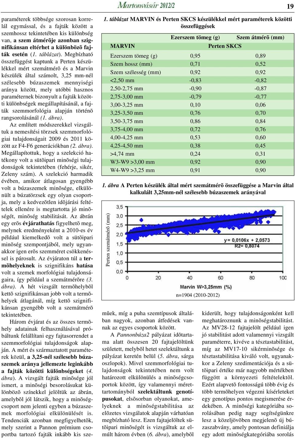 Megbízható összefüggést kaptunk a Perten készülékkel mért szemátmérõ és a Marvin készülék által számolt, 3,25 mm-nél szélesebb búzaszemek mennyiségi aránya között, mely utóbbi hasznos paraméternek