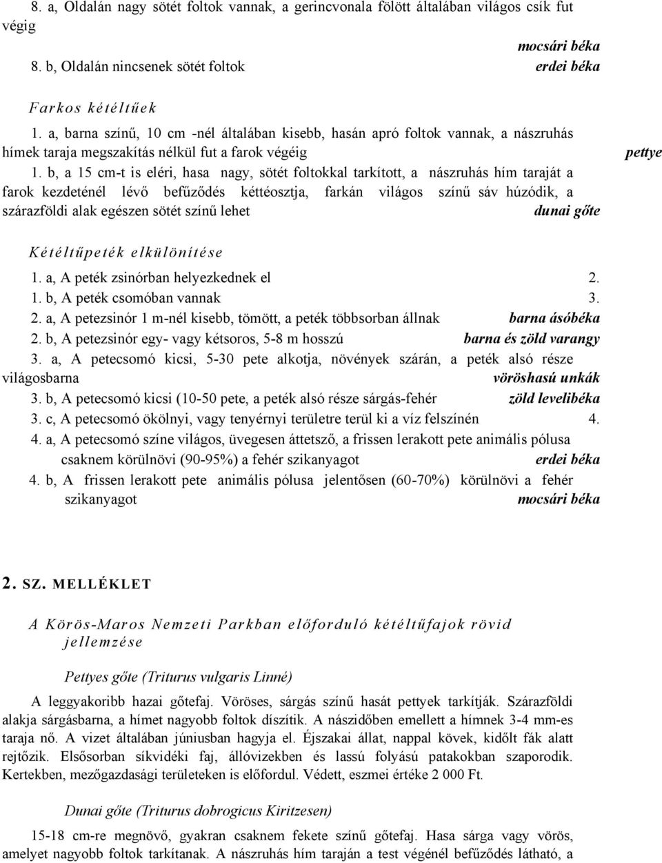 b, a 15 cm-t is eléri, hasa nagy, sötét foltokkal tarkított, a nászruhás hím taraját a farok kezdeténél lévő befűződés kéttéosztja, farkán világos színű sáv húzódik, a szárazföldi alak egészen sötét