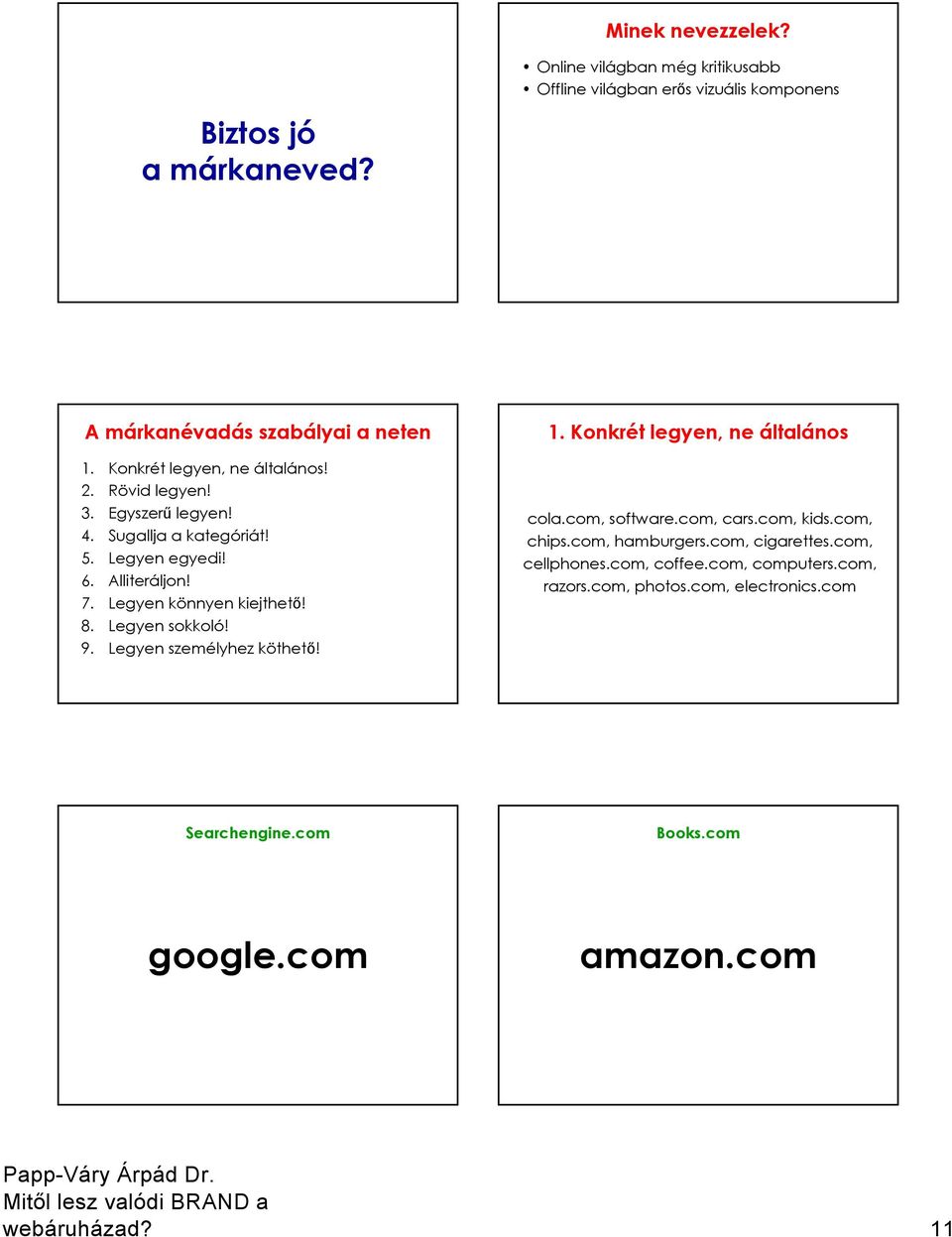 8. Legyen sokkoló! 9. Legyen személyhez köthető! 1. Konkrét legyen, ne általános cola.com, software.com, cars.com, kids.com, chips.com, hamburgers.