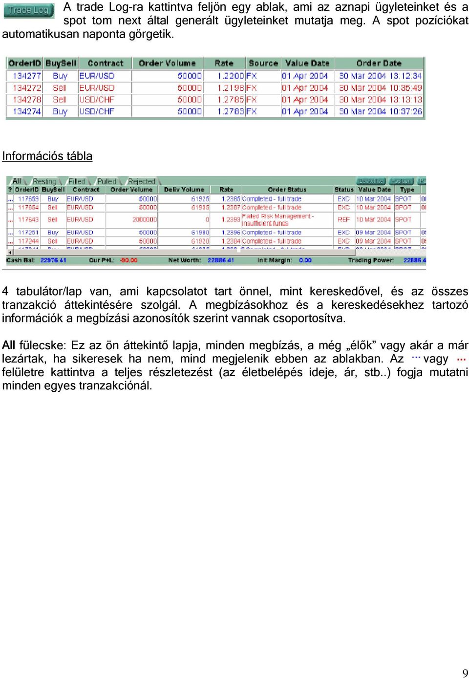 Információs tábla 4 tabulátor/lap van, ami kapcsolatot tart önnel, mint kereskedővel, és az összes tranzakció áttekintésére szolgál.