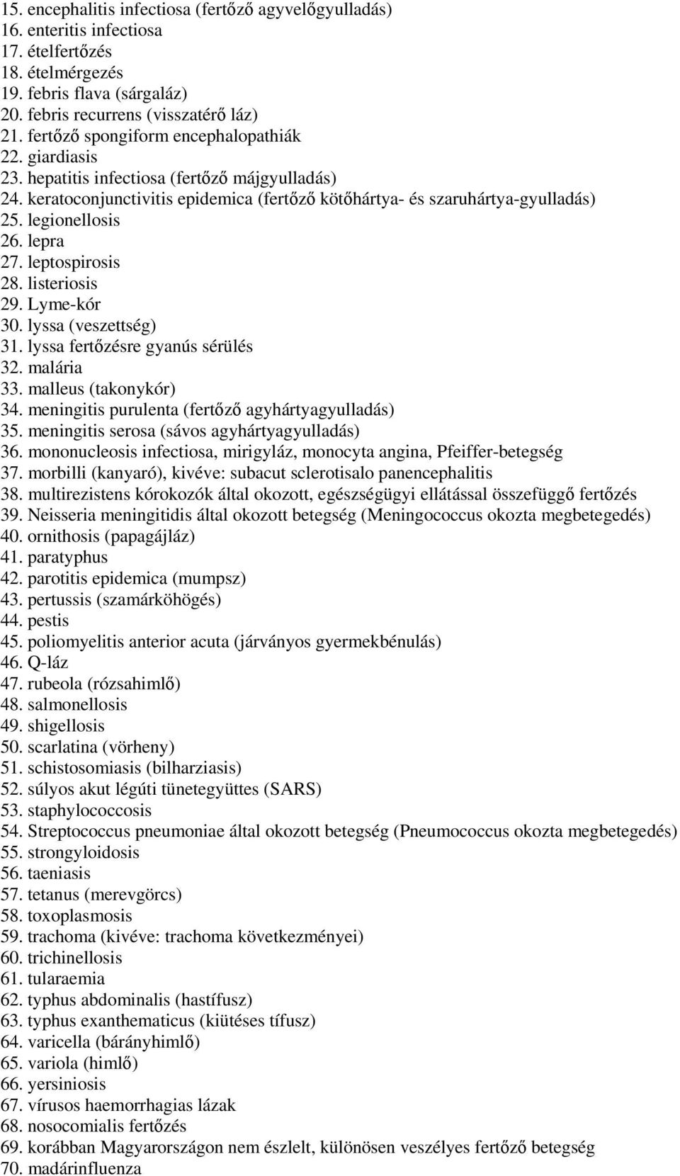 lepra 27. leptospirosis 28. listeriosis 29. Lyme-kór 30. lyssa (veszettség) 31. lyssa fertzésre gyanús sérülés 32. malária 33. malleus (takonykór) 34.