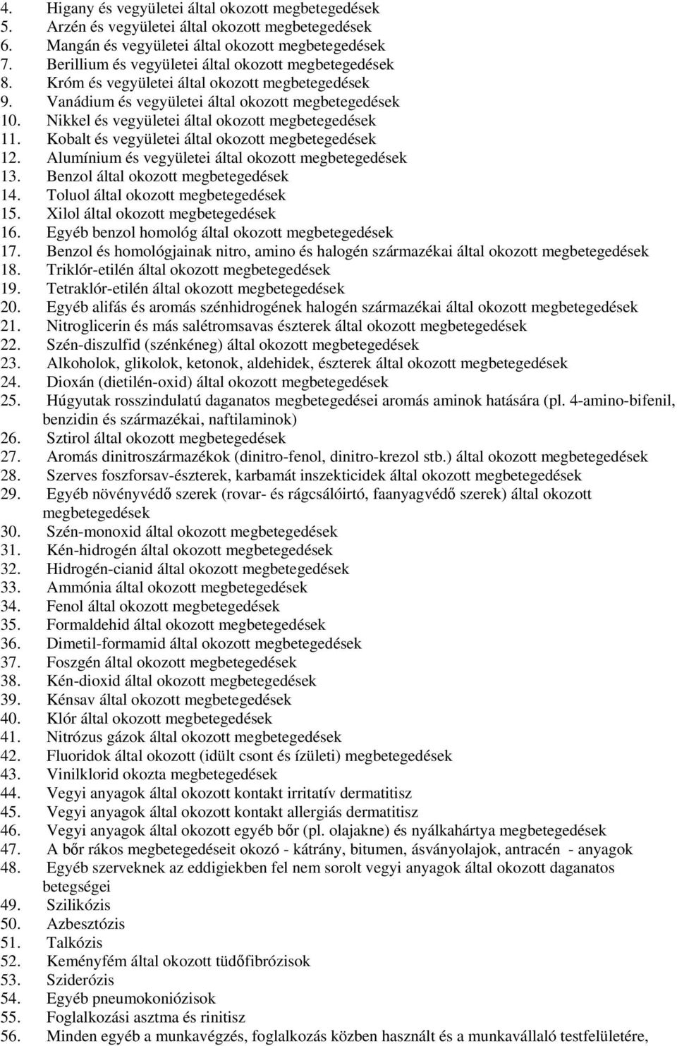 Nikkel és vegyületei által okozott megbetegedések 11. Kobalt és vegyületei által okozott megbetegedések 12. Alumínium és vegyületei által okozott megbetegedések 13.