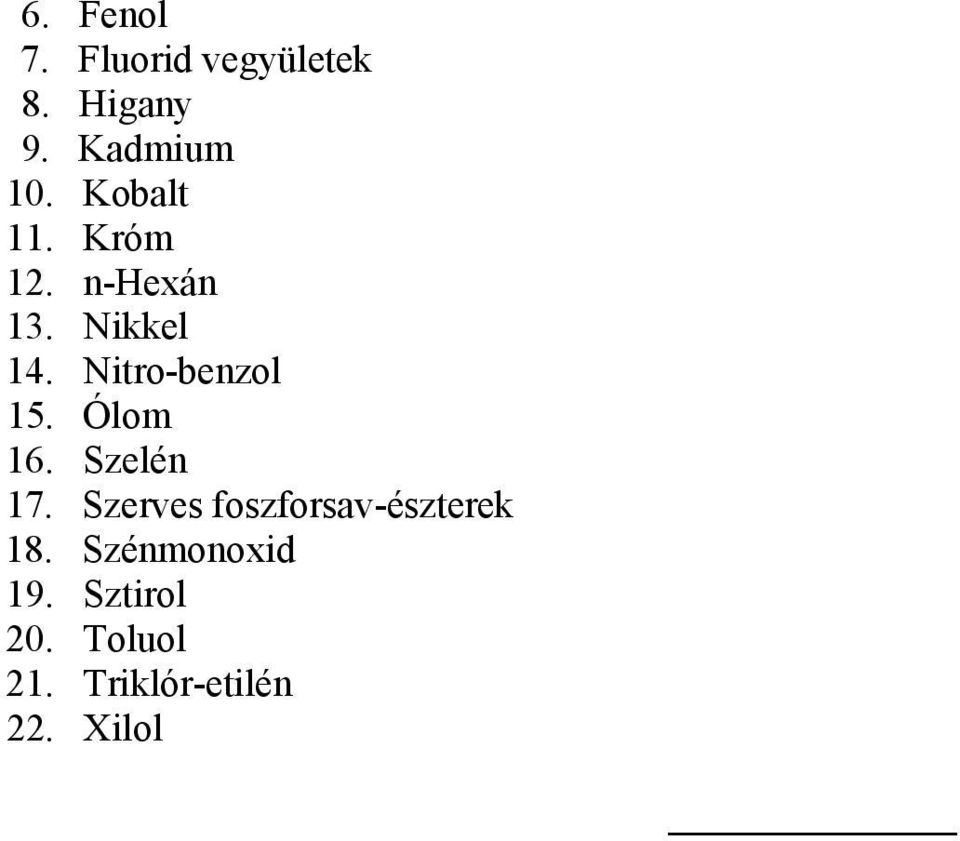 Nitro-benzol 15. Ólom 16. Szelén 17.