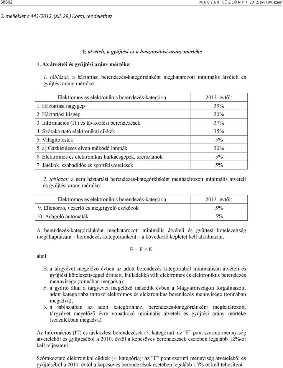 táblázat: a háztartási berendezés-kategóriánként meghatározott minimális átvételi és gyjtési arány mértéke: Elektromos és elektronikus berendezés-kategória: 2013. évtl: 1. Háztartási nagygép 39% 2.