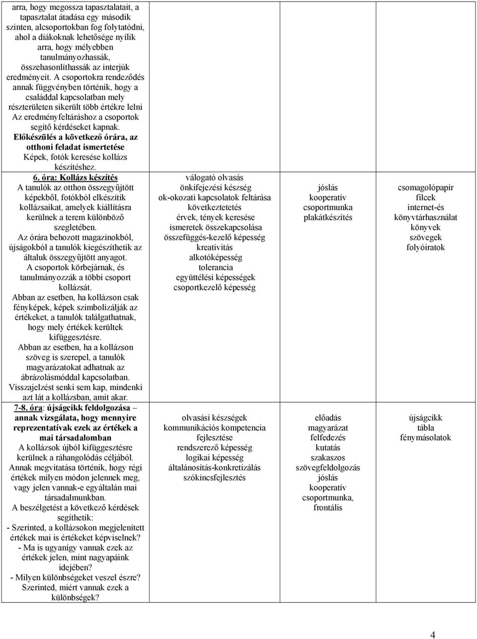 A csoportokra rendeződés annak függvényben történik, hogy a családdal kapcsolatban mely részterületen sikerült több értékre lelni Az eredményfeltáráshoz a csoportok segítő kérdéseket kapnak.