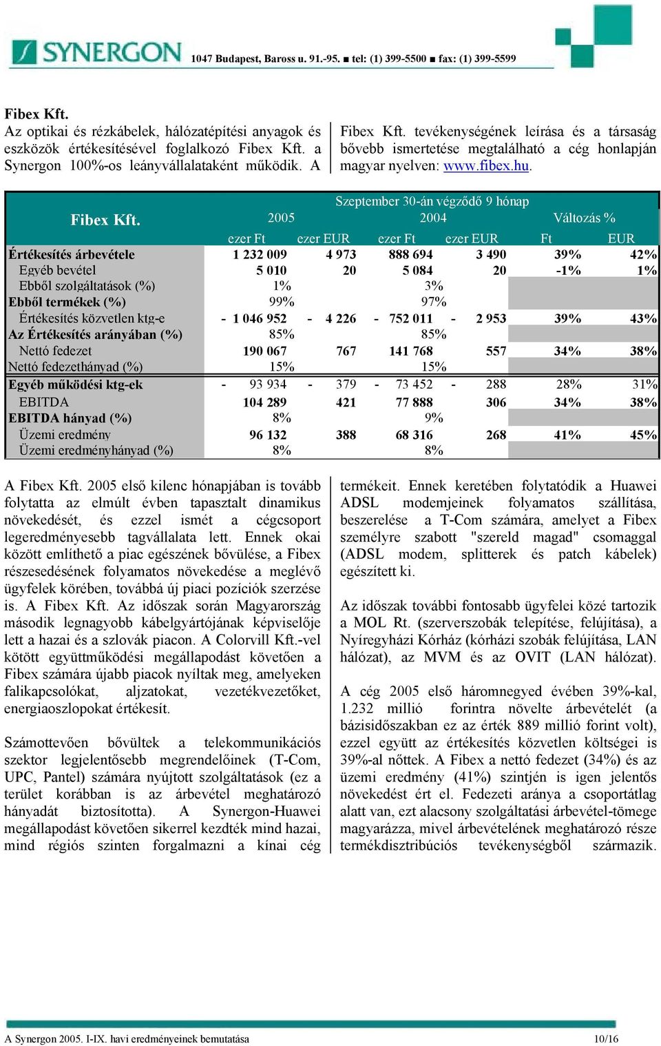 2005 2004 Változás % ezer Ft ezer EUR ezer Ft ezer EUR Ft EUR Értékesítés árbevétele 1 232 009 4 973 888 694 3 490 39% 42% Egyéb bevétel 5 010 20 5 084 20-1% 1% Ebből szolgáltatások (%) 1% 3% Ebből