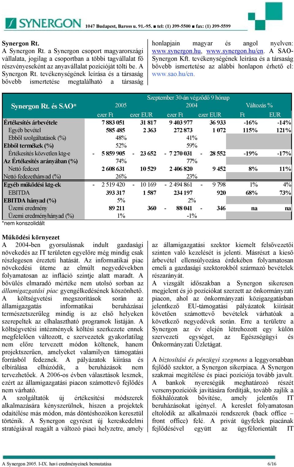 és SAO* 2005 2004 Változás % ezer Ft ezer EUR ezer Ft ezer EUR Ft EUR Értékesítés árbevétele 7 883 051 31 817 9 403 977 36 933-16% -14% Egyéb bevétel 585 485 2 363 272 873 1 072 115% 121% Ebből