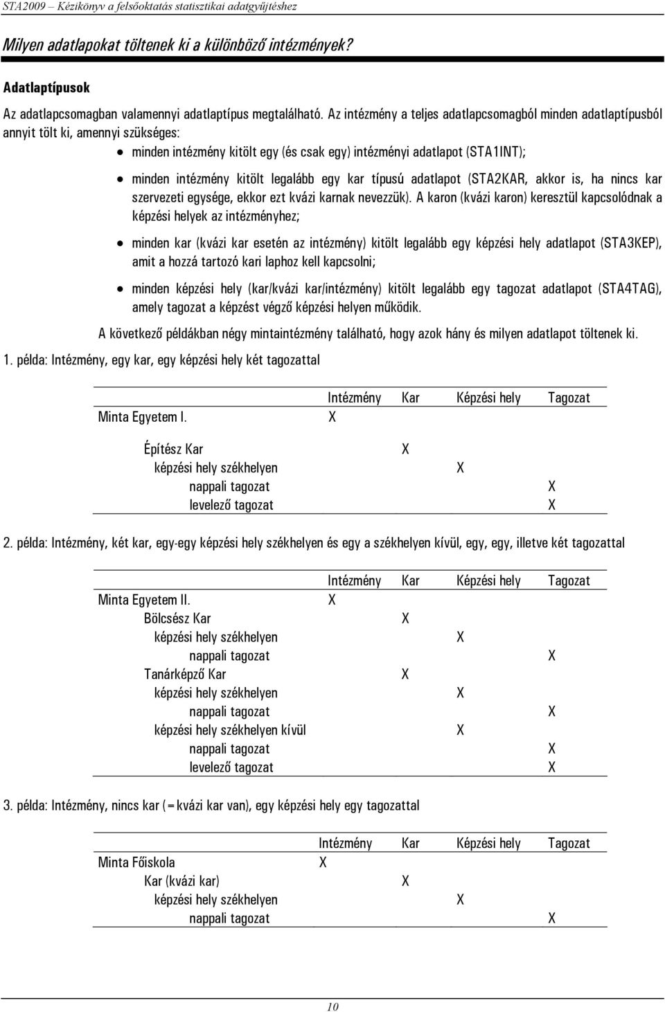 legalább egy kar típusú adatlapot (STA2KAR, akkor is, ha nincs kar szervezeti egysége, ekkor ezt kvázi karnak nevezzük).