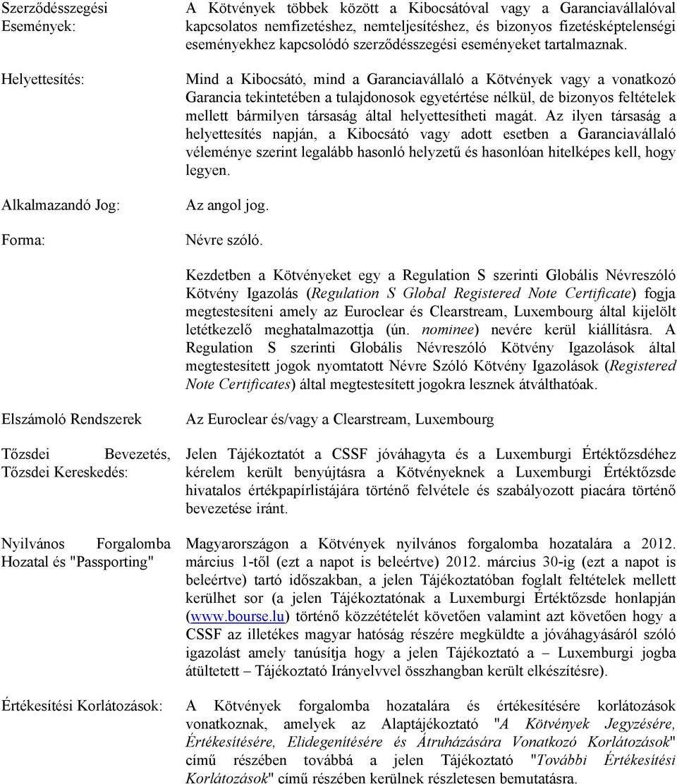 Mind a Kibocsátó, mind a Garanciavállaló a Kötvények vagy a vonatkozó Garancia tekintetében a tulajdonosok egyetértése nélkül, de bizonyos feltételek mellett bármilyen társaság által helyettesítheti