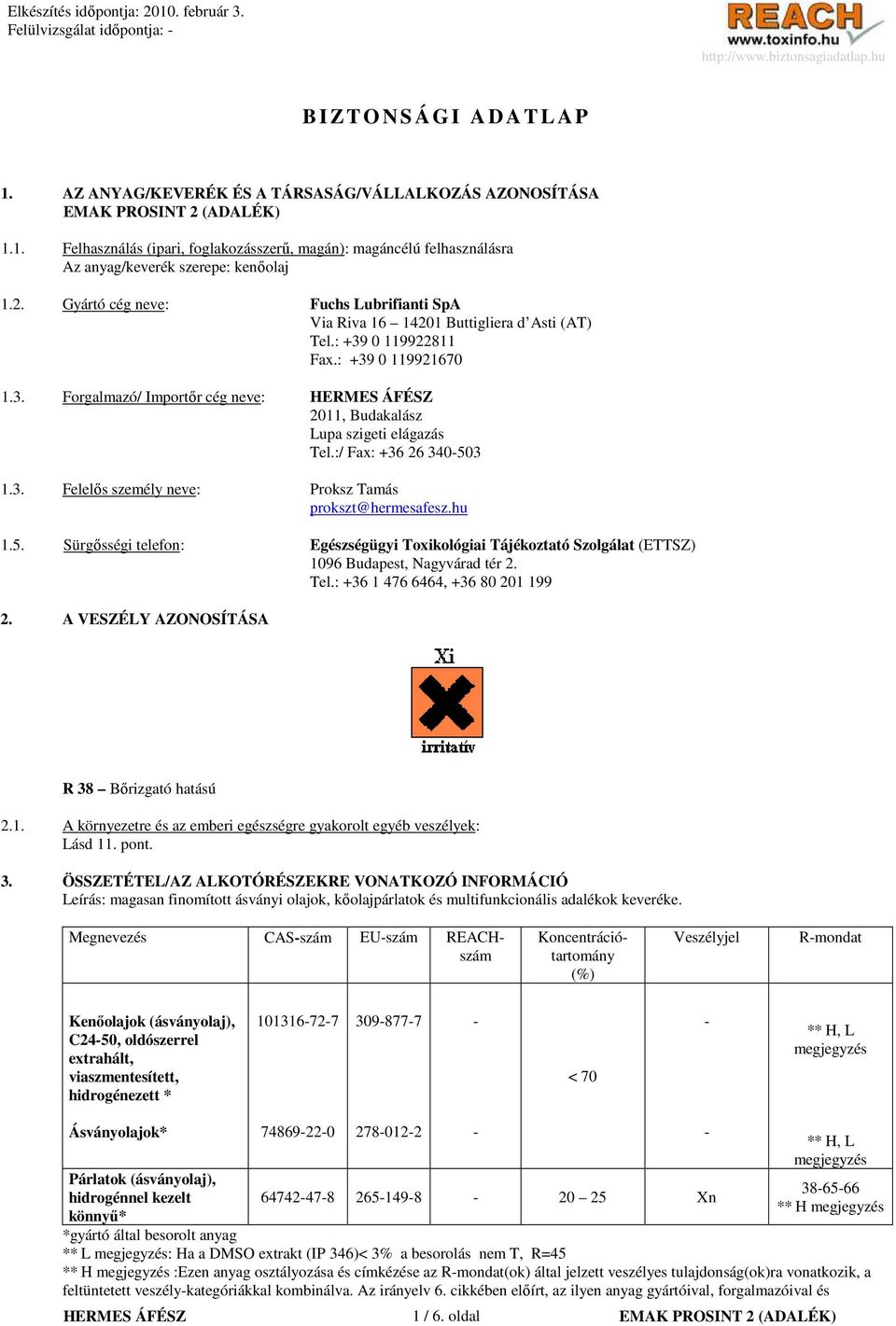 :/ Fax: +36 26 340503 1.3. Felelıs személy neve: Proksz Tamás prokszt@hermesafesz.hu 1.5. Sürgısségi telefon: Egészségügyi Toxikológiai Tájékoztató Szolgálat (ETTSZ) 1096 Budapest, Nagyvárad tér 2.