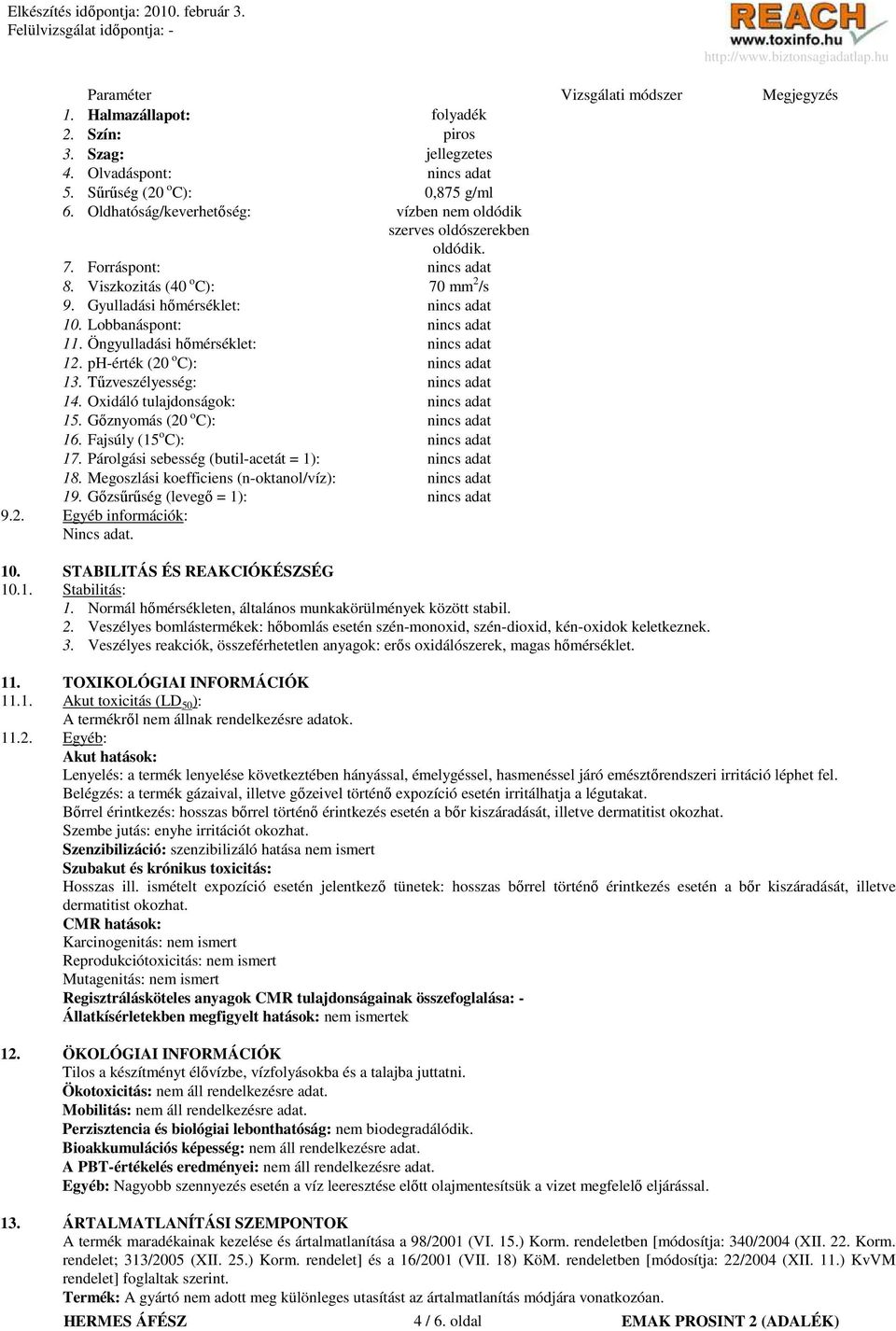 Lobbanáspont: nincs adat 11. Öngyulladási hımérséklet: nincs adat 12. phérték (20 o C): nincs adat 13. Tőzveszélyesség: nincs adat 14. Oxidáló tulajdonságok: nincs adat 15.