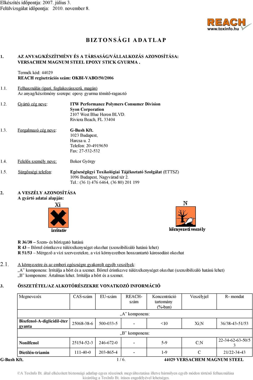 2 Telefon: 20-4919650 Fax: 27-532-532 1.4. Felelős személy neve: Bokor György 1.5. Sürgősségi telefon: Egészségügyi Toxikológiai Tájékoztató Szolgálat (ETTSZ) 1096 Budapest, Nagyvárad tér 2. Tel.: (36 1) 476 6464, (36 80) 201 199 2.