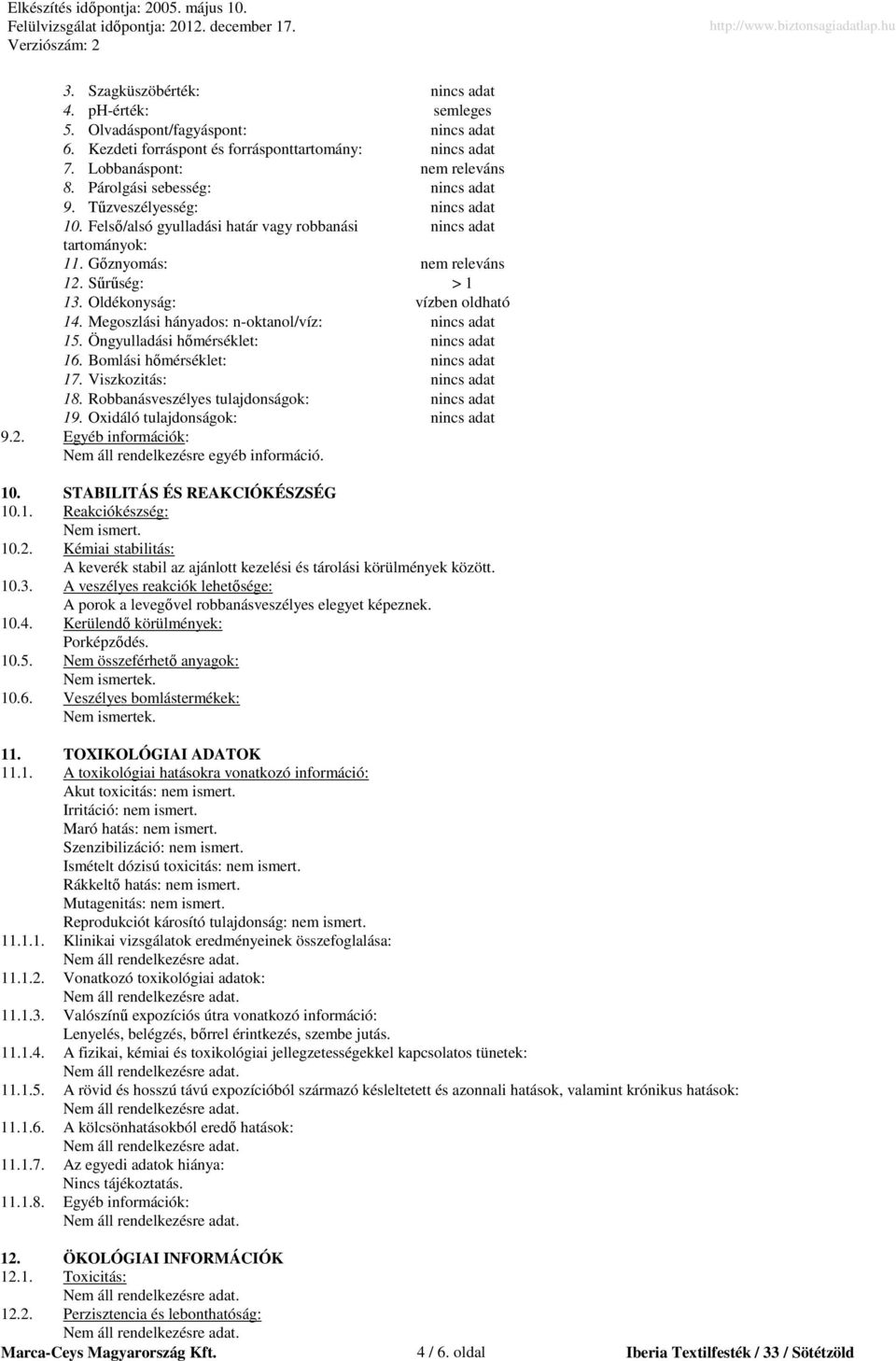 Oldékonyság: vízben oldható 14. Megoszlási hányados: noktanol/víz: nincs adat 15. Öngyulladási hımérséklet: nincs adat 16. Bomlási hımérséklet: nincs adat 17. Viszkozitás: nincs adat 18.