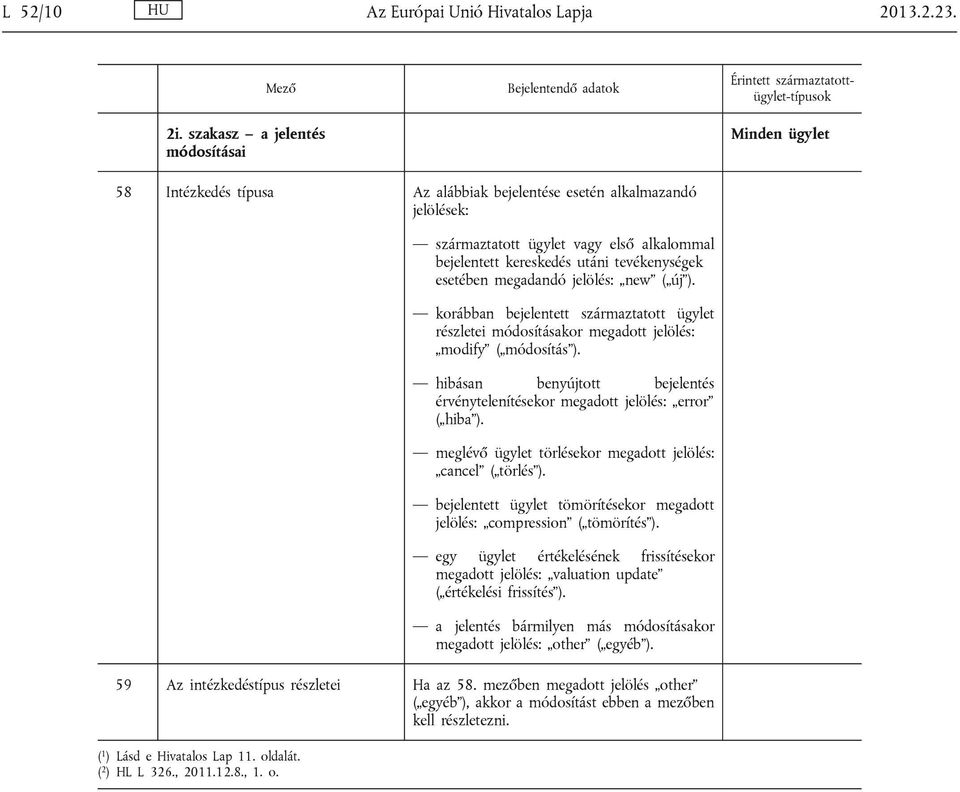 bejelentett kereskedés utáni tevékenységek esetében megadandó jelölés: new ( új ). korábban bejelentett származtatott ügylet részletei módosításakor megadott jelölés: modify ( módosítás ).