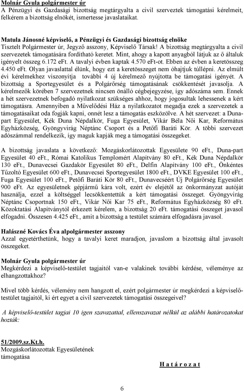 A bizottság megtárgyalta a civil szervezetek támogatására fordítható keretet. Mint, ahogy a kapott anyagból látjuk az ő általuk igényelt összeg 6.172 eft. A tavalyi évben kaptak 4.570 eft-ot.