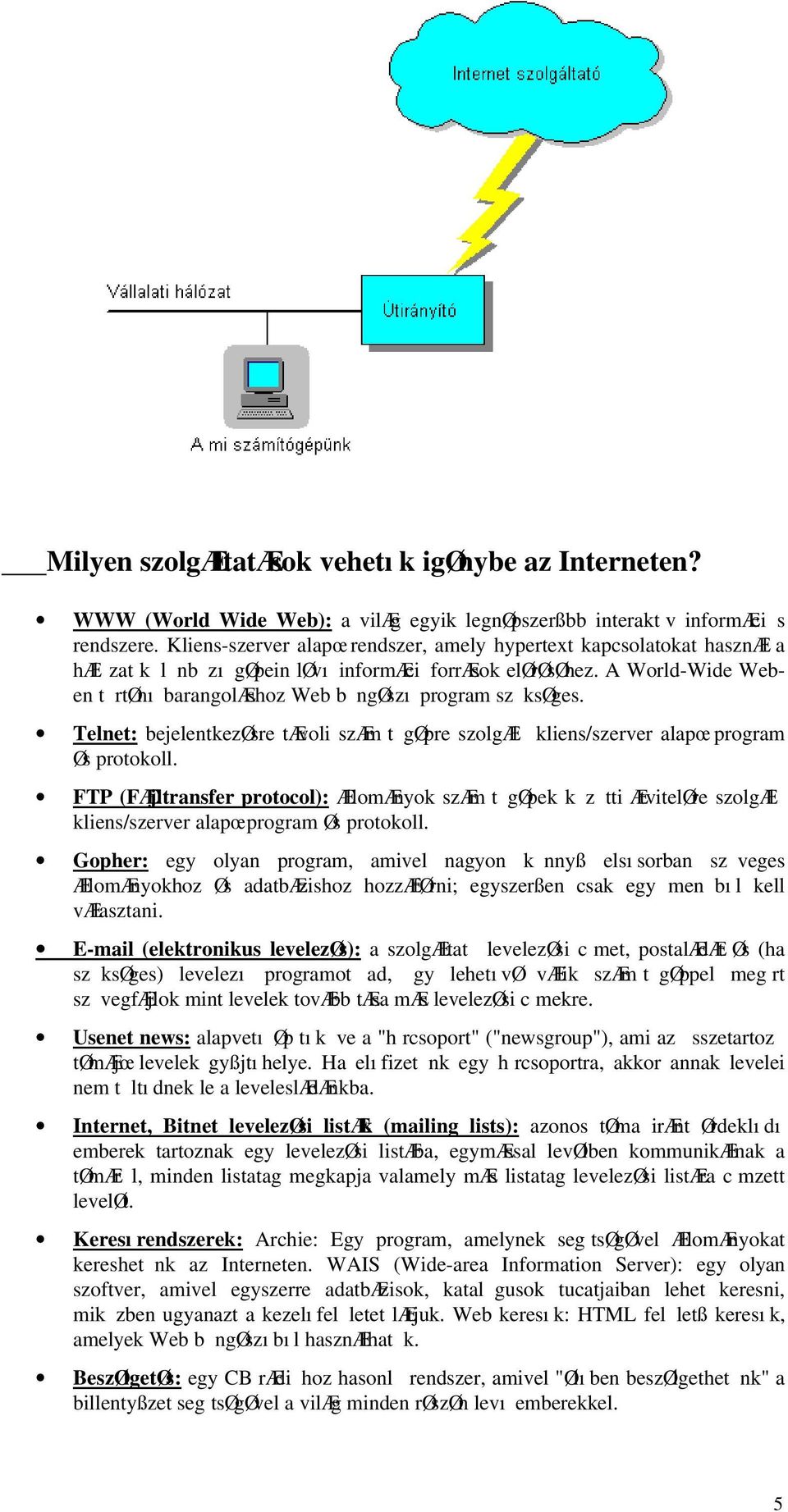 A World-Wide Weben t rtønı barangolæshoz Web b ngøszı program sz ksøges. Telnet: bejelentkezøsre tævoli szæm t gøpre szolgæl kliens/szerver alapœ program Øs protokoll.