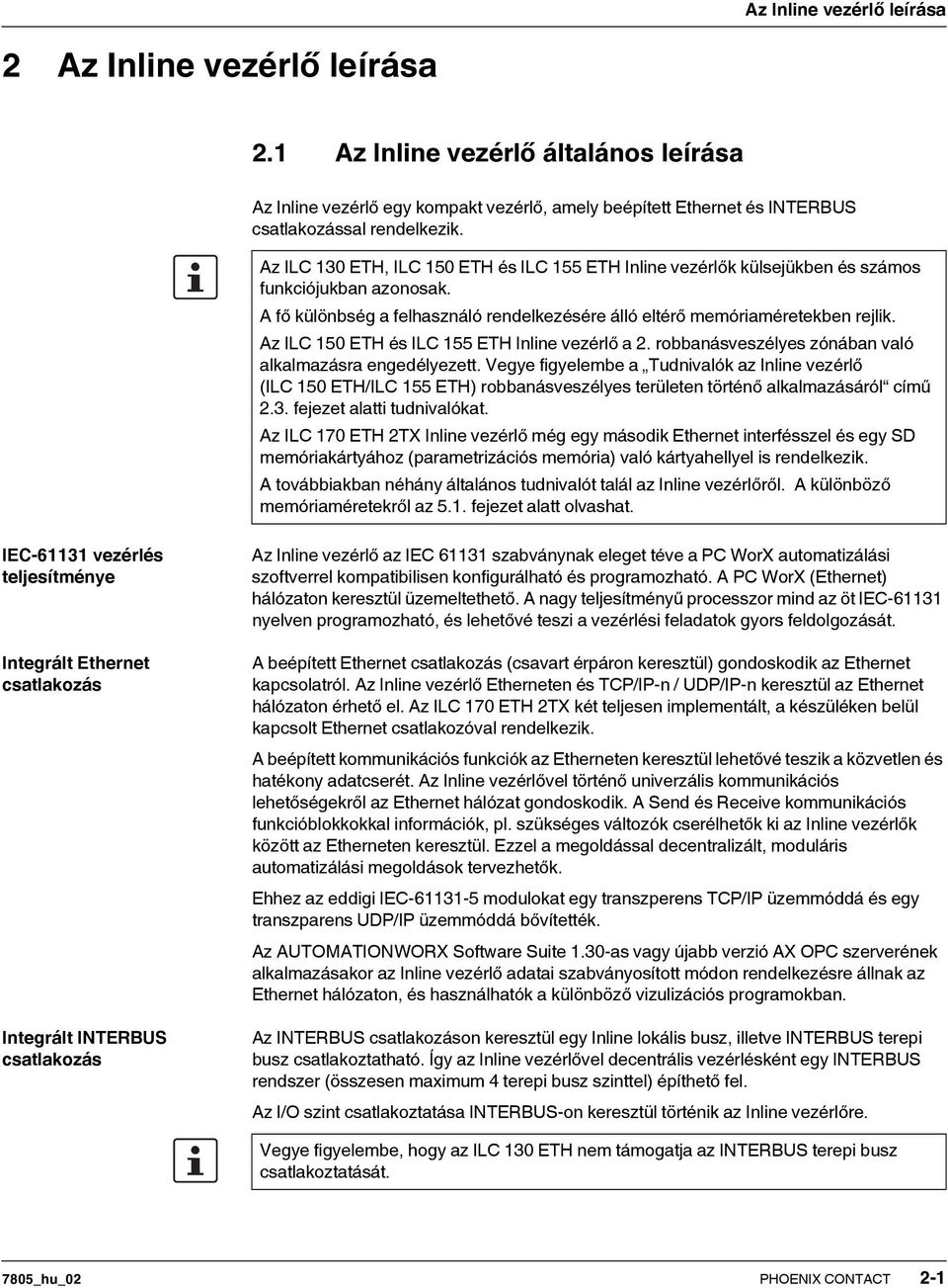 Az ILC 50 ETH és ILC 55 ETH Inline vezérlő a. robbanásveszélyes zónában való alkalmazásra engedélyezett.