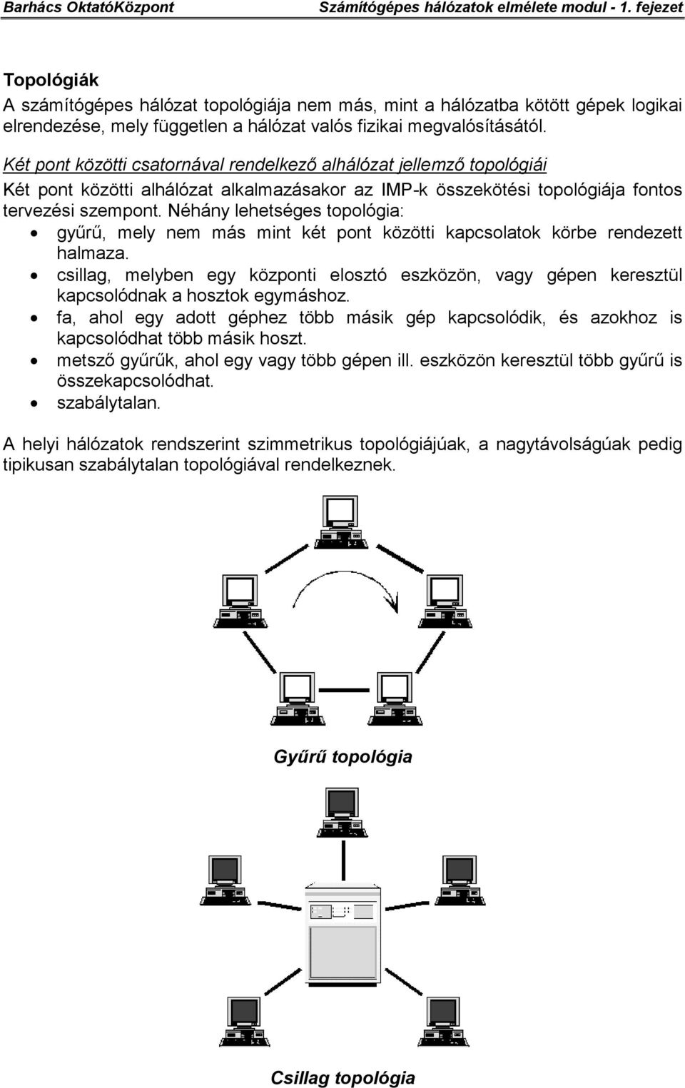 Néhány lehetséges topológia: gyűrű, mely nem más mint két pont közötti kapcsolatok körbe rendezett halmaza.