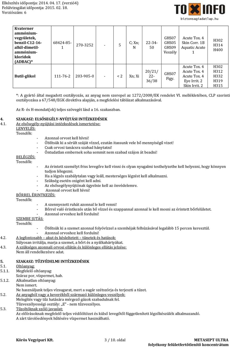 2 H302 H314 H400 H302 H312 H332 H319 H315 *: A gyártó által megadott osztályozás, az anyag nem szerepel az 1272/2008/EK rendelet VI.