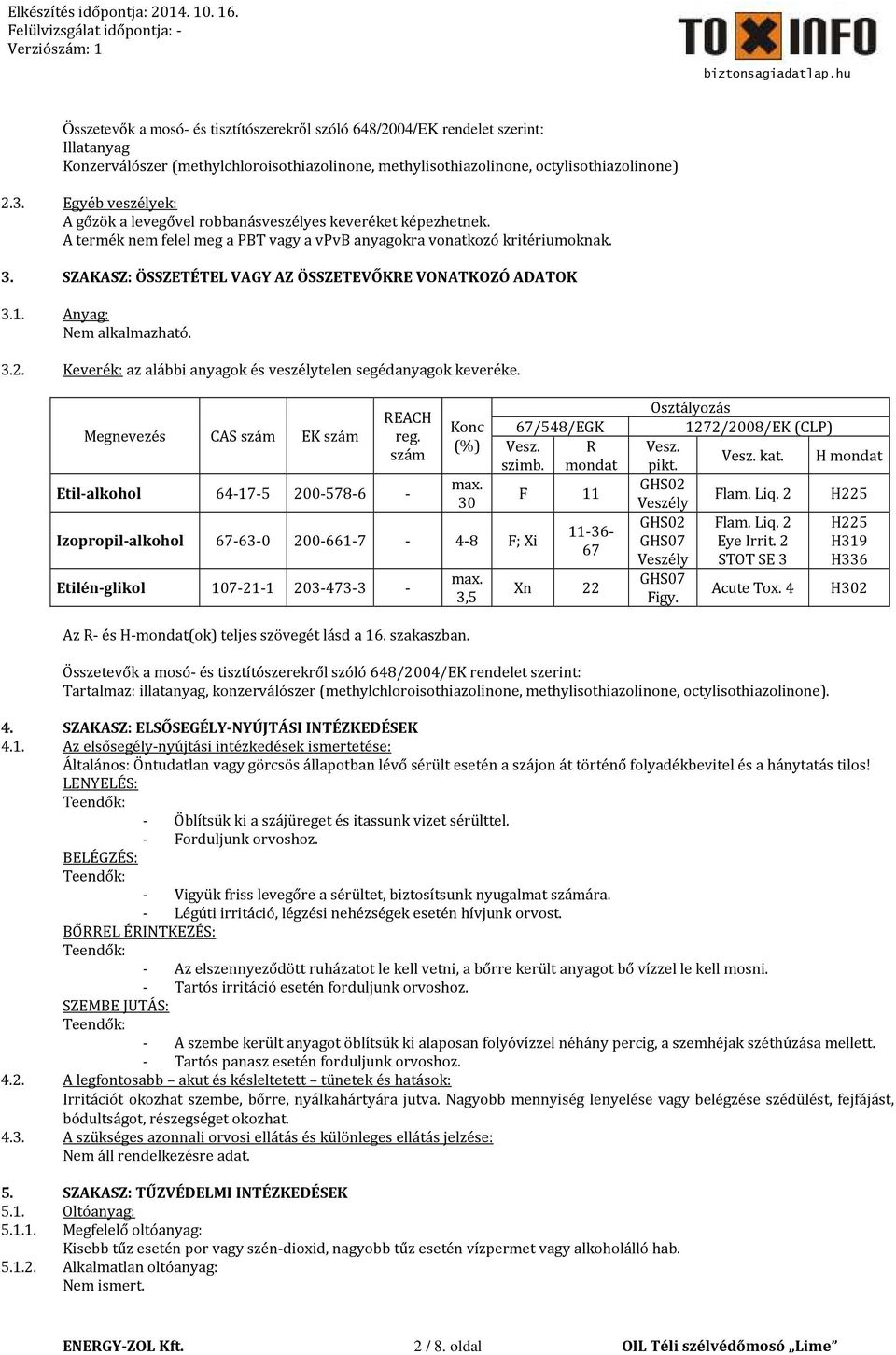 SZAKASZ: ÖSSZETÉTEL VAGY AZ ÖSSZETEVŐKRE VONATKOZÓ ADATOK 3.1. Anyag: Nem alkalmazható. 3.2. Keverék: az alábbi anyagok és veszélytelen segédanyagok keveréke. Megnevezés CAS szám EK szám REACH reg.