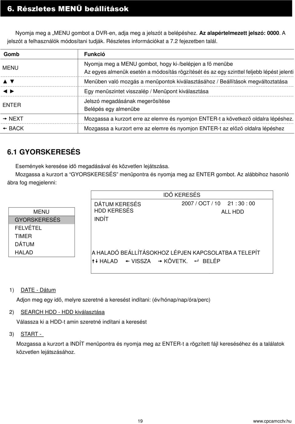 menüpontok kiválasztásához / Beállítások megváltoztatása Egy menüszintet visszalép / Menüpont kiválasztása Jelszó megadásának megersítése Belépés egy almenübe Mozgassa a kurzort erre az elemre és