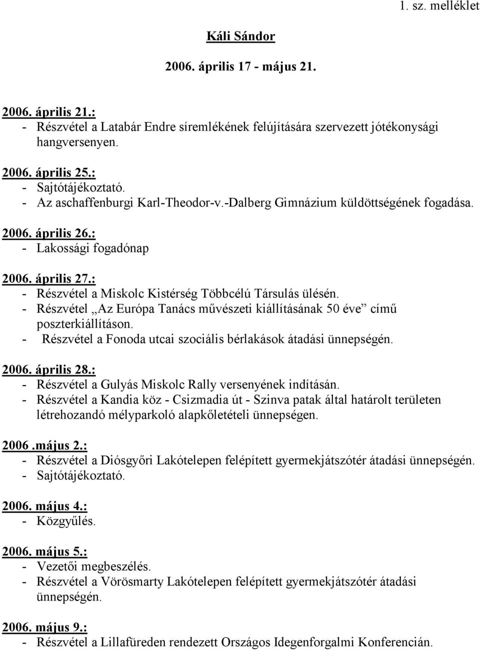 : - Részvétel a Miskolc Kistérség Többcélú Társulás ülésén. - Részvétel Az Európa Tanács művészeti kiállításának 50 éve című poszterkiállításon.