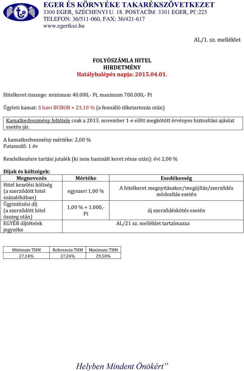 A kamatkedvezmény mértéke: 2,00 % Futamidő: 1 év Rendelkezésre tartási jutalék (ki nem használt keret része után): évi 2,00 % Hitel kezelési költség (a szerződött hitel százalékában) Ügyintézési