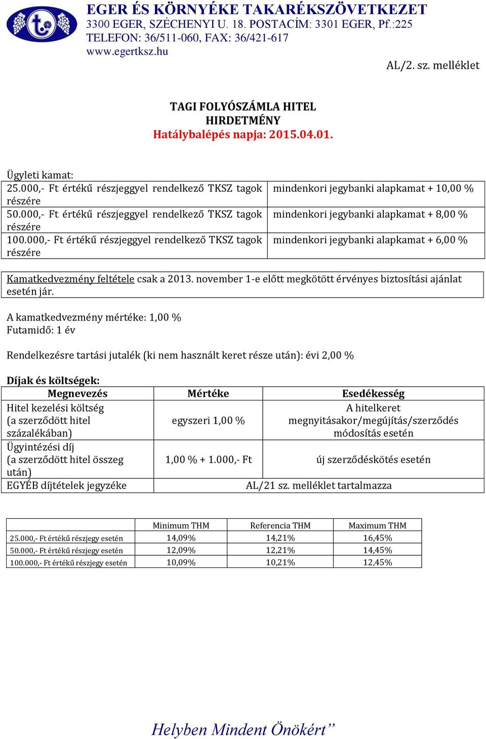 000,- Ft értékű részjeggyel rendelkező TKSZ tagok részére mindenkori jegybanki alapkamat + 10,00 % mindenkori jegybanki alapkamat + 8,00 % mindenkori jegybanki alapkamat + 6,00 % Kamatkedvezmény