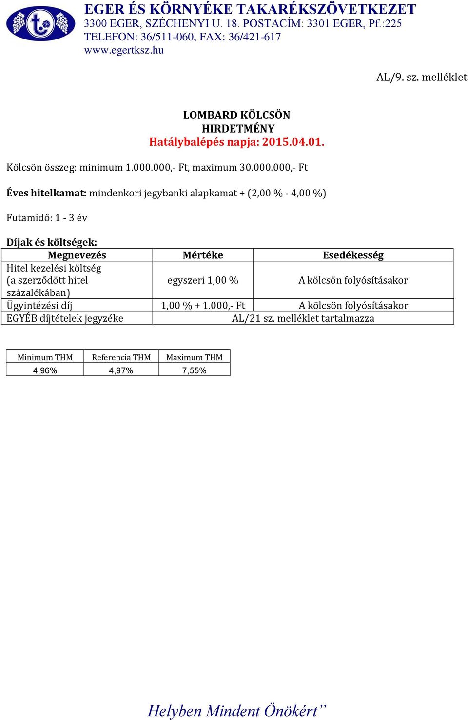 (a szerződött hitel egyszeri 1,00 % A kölcsön folyósításakor százalékában) Ügyintézési díj 1,00 % + 1.