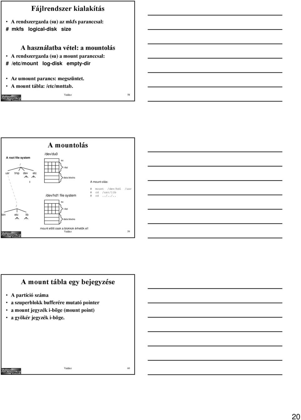 Vadász 58 A root file system / usr tmp dev etc / A mountolás /dev/du0 su i-list data blocks /dev/hd1 file system su i-list A mount-olás: # mount /dev/hd1 /usr # cd