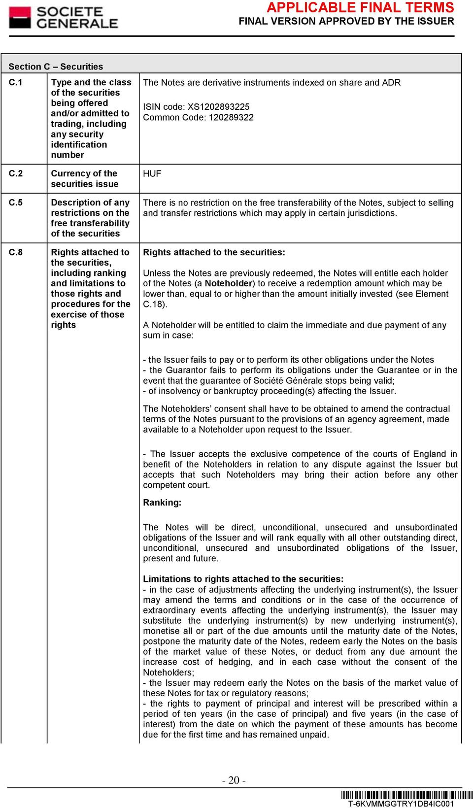 8 Rights attached to the securities, including ranking and limitations to those rights and procedures for the exercise of those rights The Notes are derivative instruments indexed on share and ADR