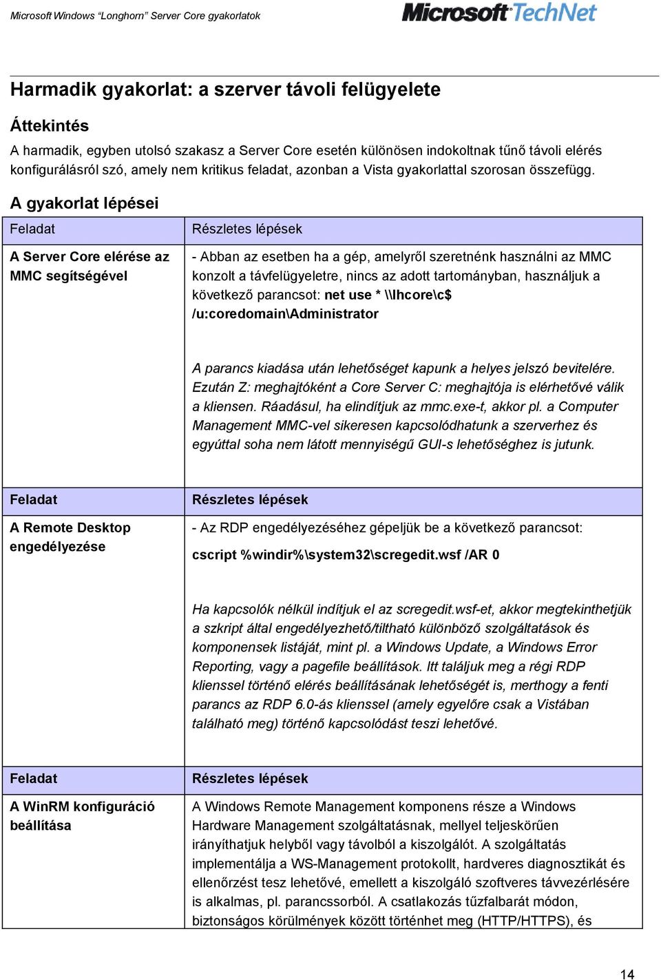 A gyakorlat lépései A Server Core elérése az MMC segítségével - Abban az esetben ha a gép, amelyről szeretnénk használni az MMC konzolt a távfelügyeletre, nincs az adott tartományban, használjuk a