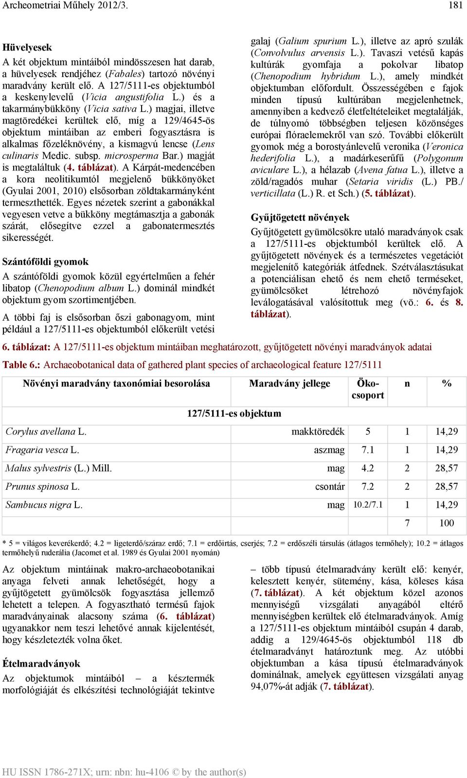 ) magjai, illetve magtöredékei kerültek elő, míg a 129/4645-ös objektum mintáiban az emberi fogyasztásra is alkalmas főzeléknövény, a kismagvú lencse (Lens culinaris Medic. subsp. microsperma Bar.