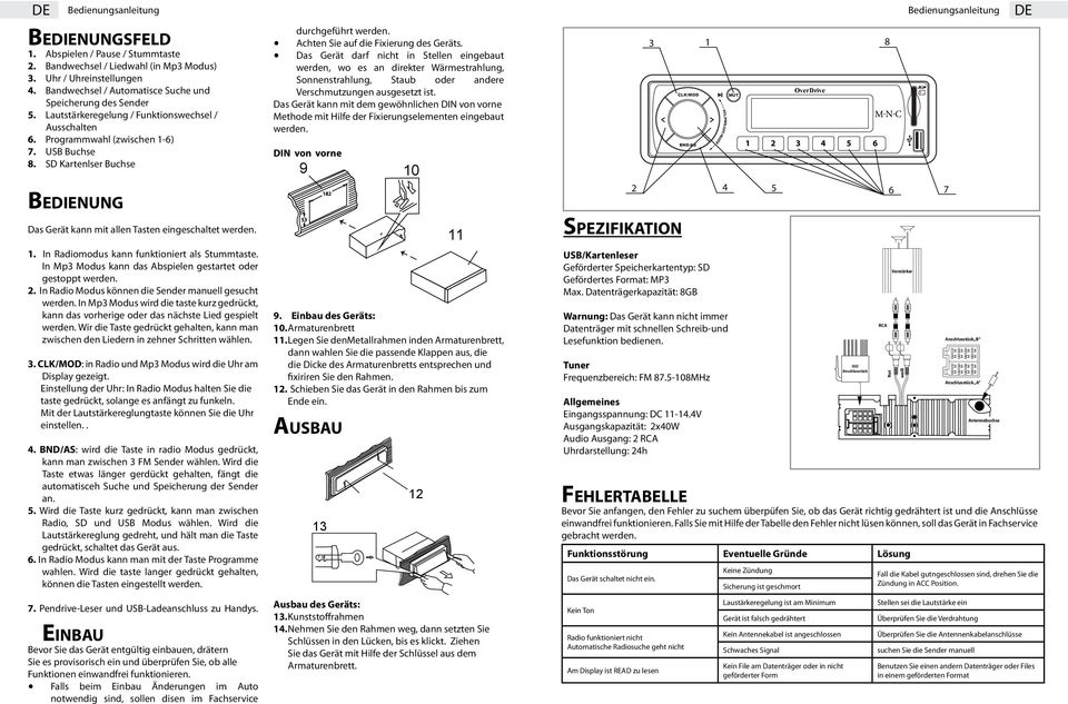 SD Kartenlser Buchse Bedienung Das Gerät kann mit allen Tasten eingeschaltet werden.. In Radiomodus kann funktioniert als Stummtaste. In Mp Modus kann das Abspielen gestartet oder gestoppt werden.