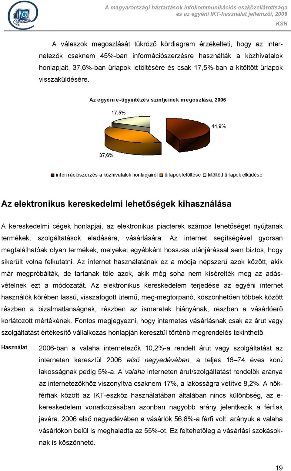 Az egyéni e-ügyintézés szintjeinek megoszlása, 2006 17,5 44,9 37,6 információszerzés a közhivatalok honlapjairól űrlapok letöltése kitöltött űrlapok elküdése Az elektronikus kereskedelmi lehetőségek