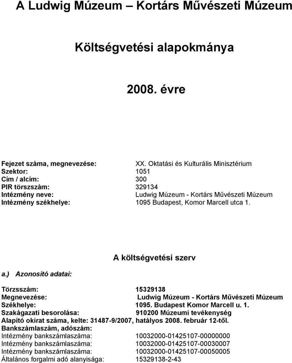 utca 1. a.) Azonosító adatai: A költségvetési szerv Törzsszám: 15329138 Megnevezése: Ludwig Múzeum - Kortárs Művészeti Múzeum Székhelye: 1095. Budapest Komor Marcell u. 1. Szakágazati besorolása: 910200 Múzeumi tevékenység Alapító okirat száma, kelte: 31487-9/2007, hatályos 2008.