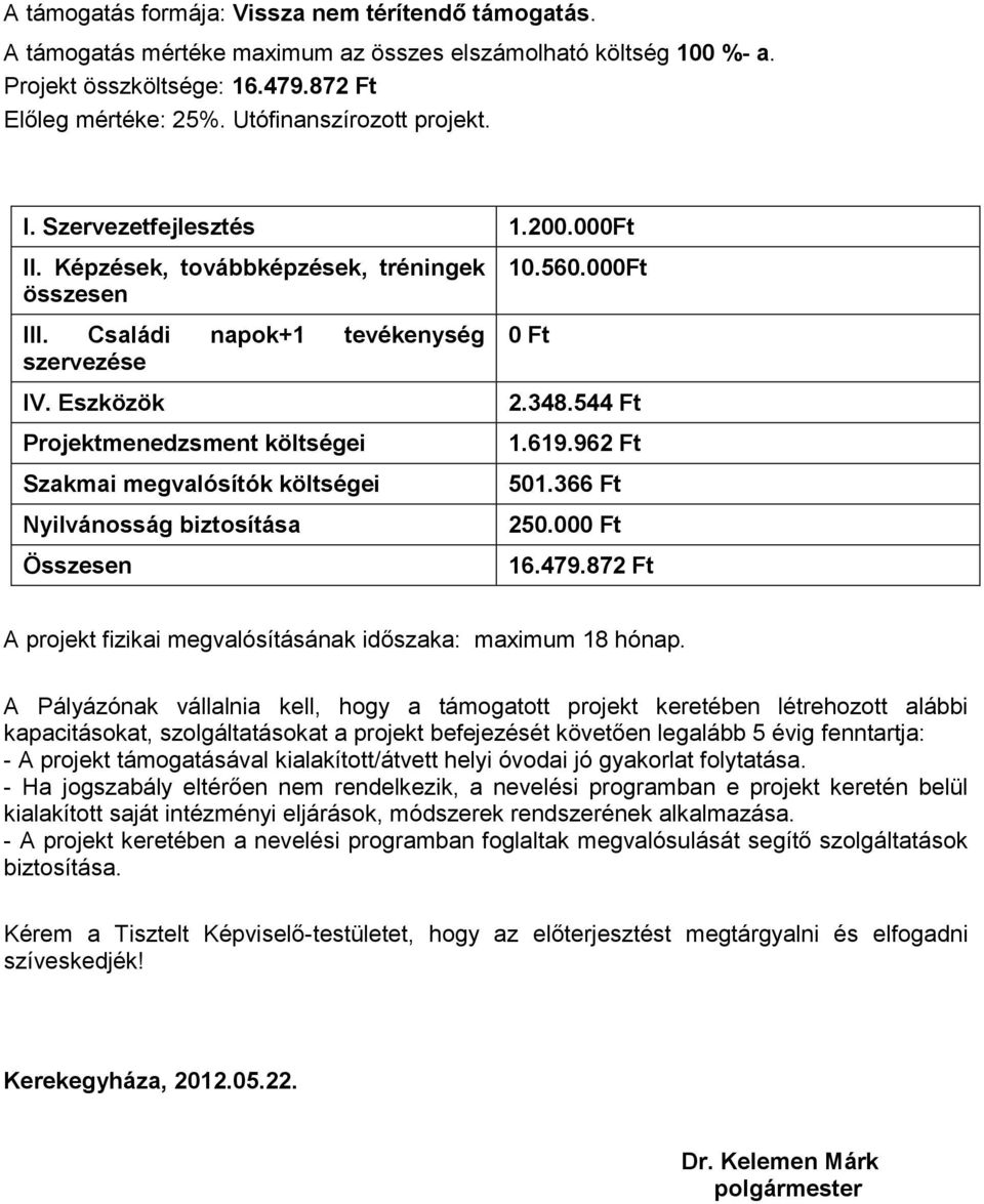 Eszközök Projektmenedzsment költségei Szakmai megvalósítók költségei Nyilvánosság biztosítása Összesen 10.560.000Ft 0 Ft 2.348.544 Ft 1.619.962 Ft 501.366 Ft 250.000 Ft 16.479.